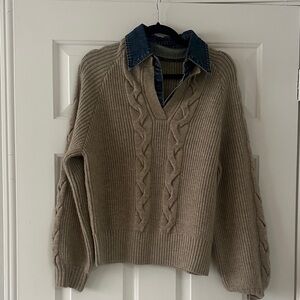 Commense Tan Cable Knit Sweater with Denim Collar